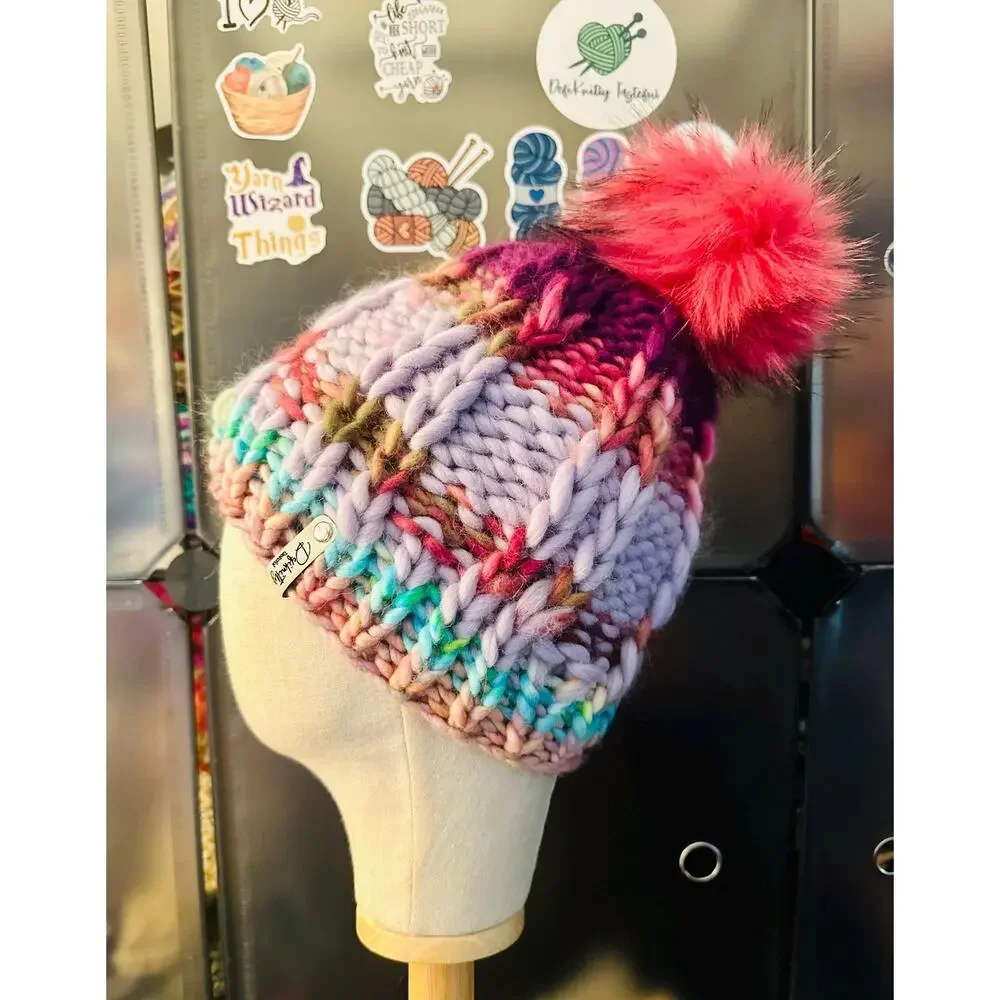 Handmade Neon Merino Wool Beanie: Colorful Winter Hat with Faux Fur Pom